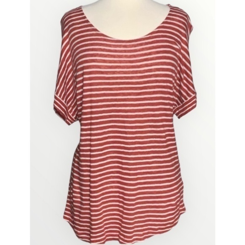 Christian Siriano Red & White Striped Short Sleeve 100% Linen Top L